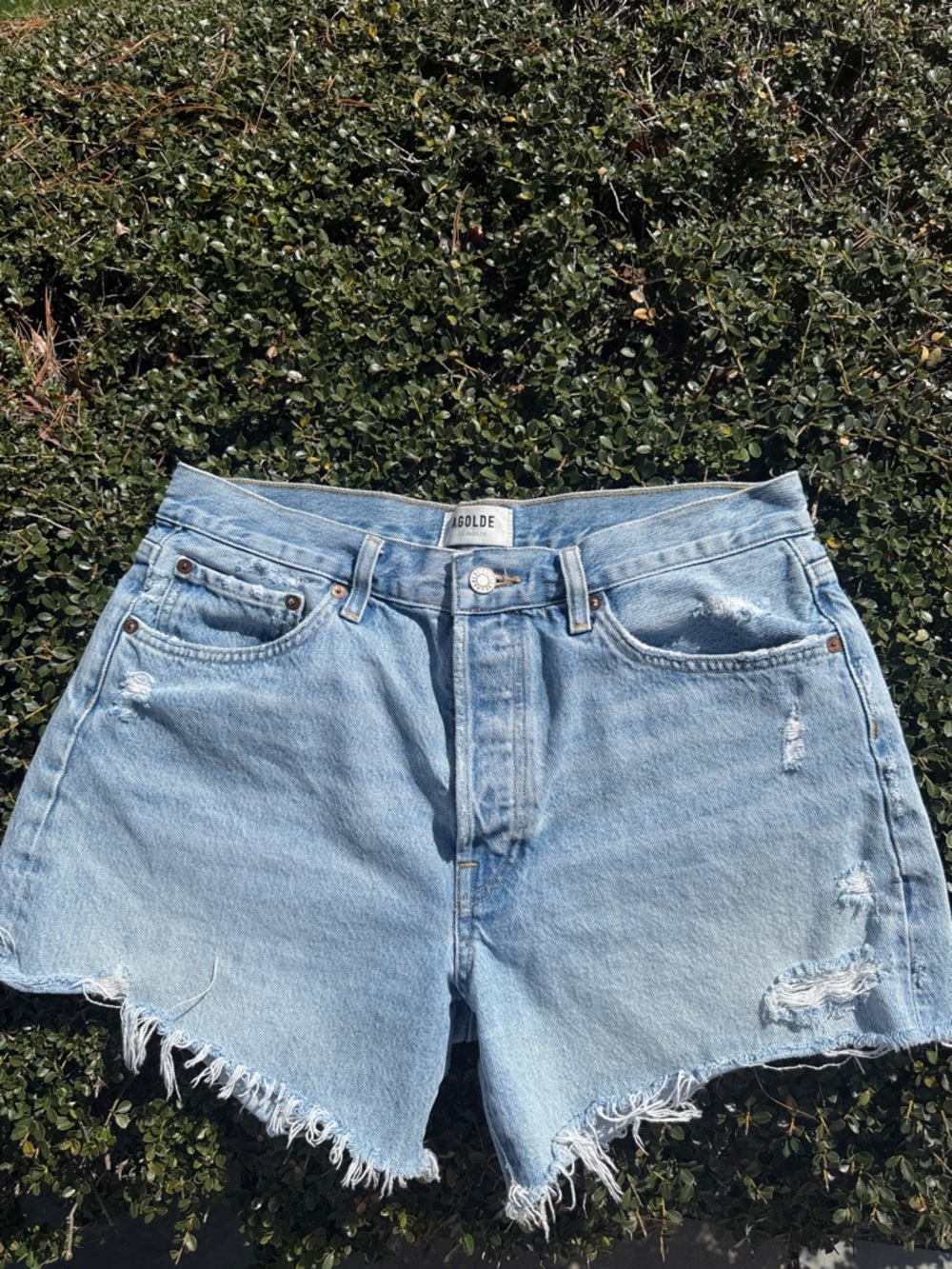 Agolde Parker Long style - Washed Light Blue High-Rise Distressed Denim Shorts